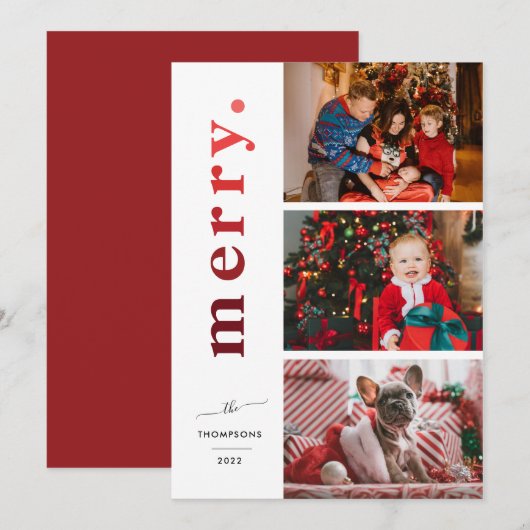 Modern Elegant Merry Ombre Red Foto Holiday Kaart (Voorkant / Achterkant)