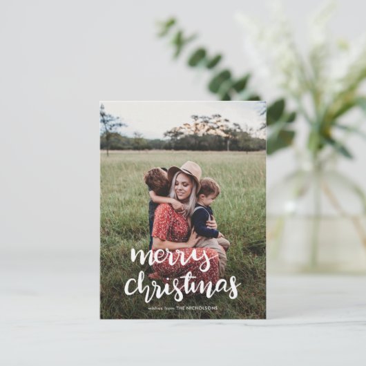 Modern Elegant Merry White script Foto Briefkaart (Staand voorkant)