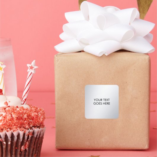 Modern Elegant Metallic Silver Your Custom Text Vierkante Sticker (Feest)