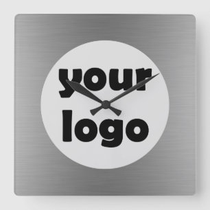Modern Elegant Metallic Solid Silver Logo Vierkante Klok