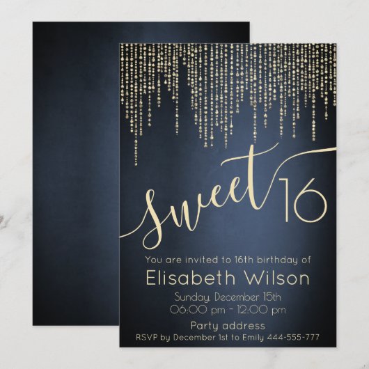 Modern elegant middernachtblauw script zoet 16 kaart (Voorkant / Achterkant)