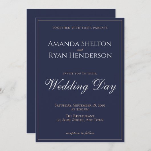 Modern Elegant Midnight Blue script Trouwen Kaart (Voorkant / Achterkant)