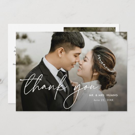 Modern Elegant Minimaal Script Twee foto bruiloft Bedankkaart (Voorkant / Achterkant)