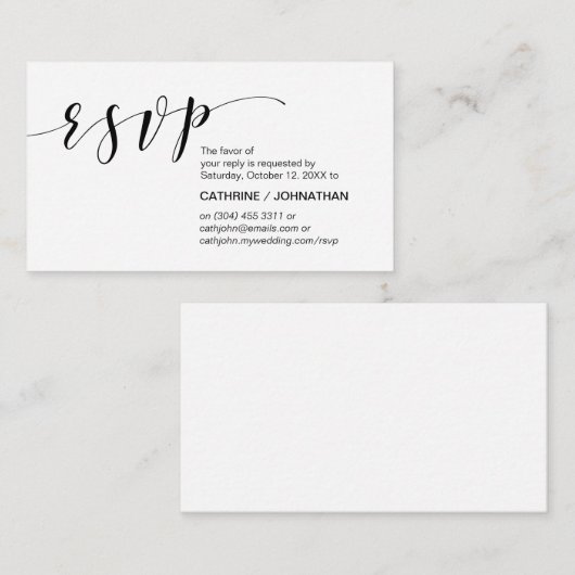 Modern Elegant, minimaal, zwart script, RSVP Informatiekaartje (Voorkant / Achterkant)