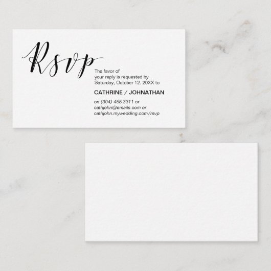 Modern Elegant, minimaal, zwart script, RSVP Informatiekaartje (Voorkant / Achterkant)
