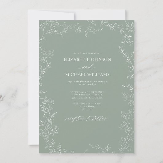 Modern Elegant Minimal Leaf Sage Green Wedding Kaart (Voorkant)