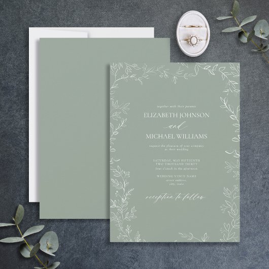 Modern Elegant Minimal Leaf Sage Green Wedding Kaart