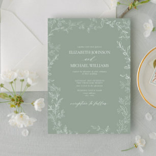 Modern Elegant Minimal Leaf Sage Green Wedding Kaart