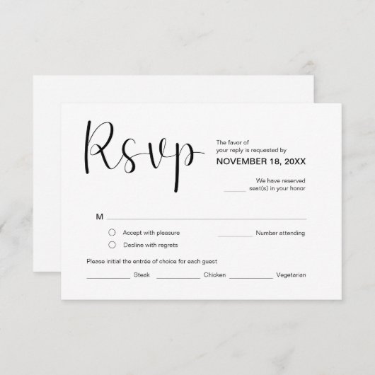 Modern Elegant Minimal, RSVP, Black Font, Repler Informatiekaartje (Voorkant / Achterkant)