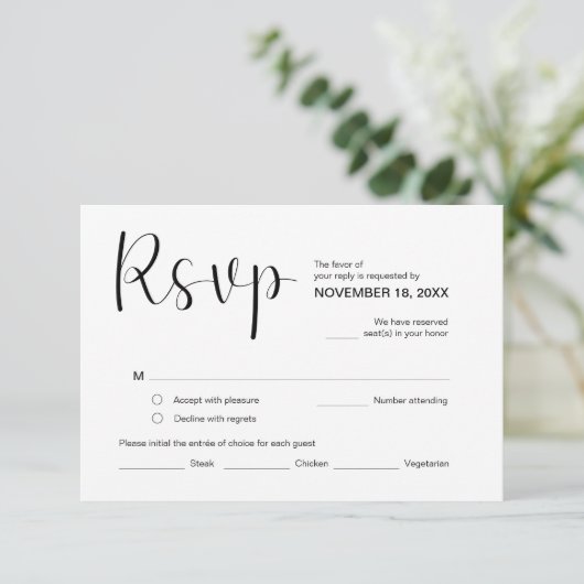Modern Elegant Minimal, RSVP, Black Font, Repler Informatiekaartje (Staand voorkant)
