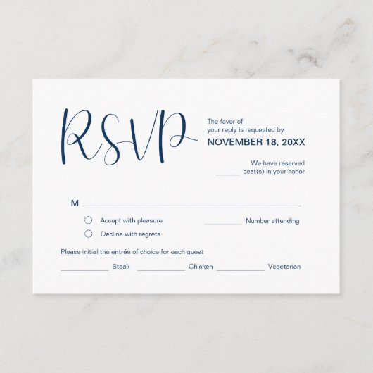 Modern Elegant Minimal, RSVP, Navy Blue, Reageer Informatiekaartje (Voorkant)