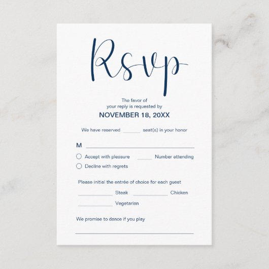 Modern Elegant Minimal, RSVP, Navy Blue, Reageer Informatiekaartje (Voorkant)
