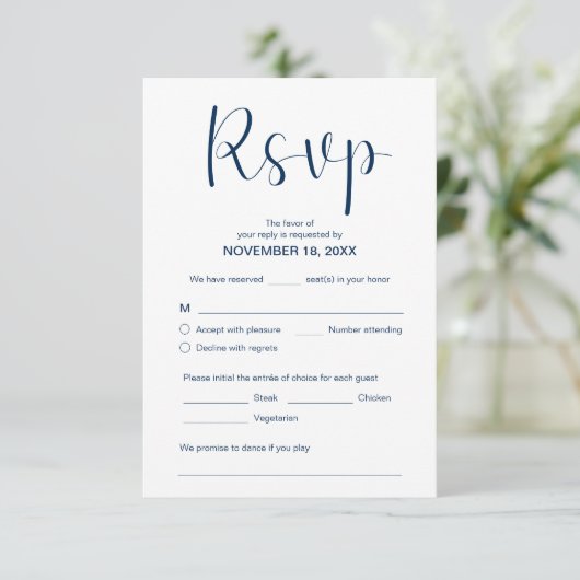 Modern Elegant Minimal, RSVP, Navy Blue, Reageer Informatiekaartje (Staand voorkant)