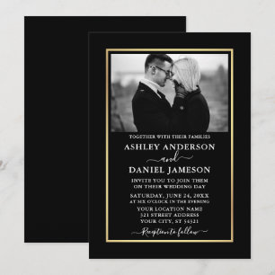 Modern Elegant Minimalist BW Photo Wedding Kaart