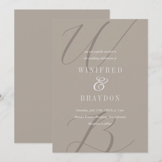 Modern Elegant Minimalist Taupe Monogram Weddensch Kaart (Voorkant / Achterkant)