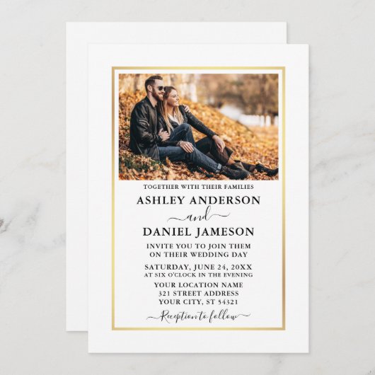 Modern Elegant Minimalist White Gold Photo Wedding Kaart (Voorkant / Achterkant)