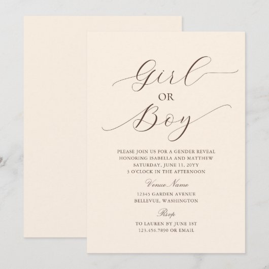 Modern Elegant Minimalistisch Beige Baby Gender Re Kaart (Voorkant / Achterkant)