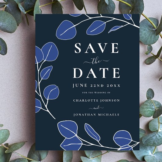 Modern Elegant minimalistisch blad blauw bruiloft Save The Date