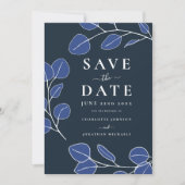 Modern Elegant minimalistisch blad blauw bruiloft Save The Date (Voorkant)