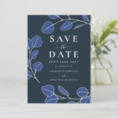 Modern Elegant minimalistisch blad blauw bruiloft Save The Date (Staand voorkant)
