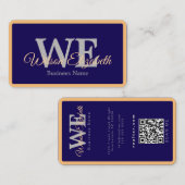 Modern elegant monogram blauwe en gouden QR-code Visitekaartje (Voorkant / Achterkant)