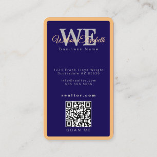 Modern elegant monogram blauwe en gouden QR-code Visitekaartje