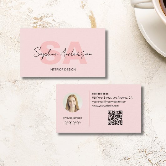 Modern Elegant Monogram Blush Pink Visitekaartje