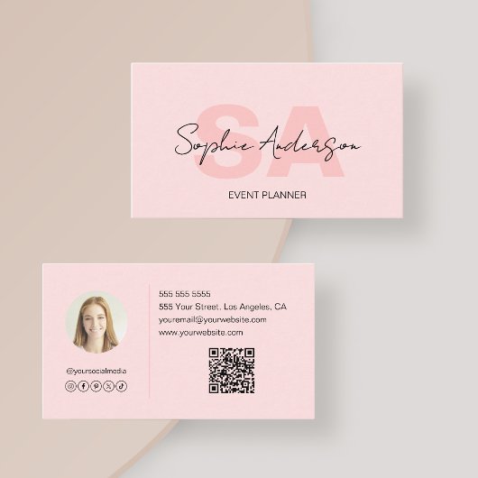 Modern Elegant Monogram Blush Pink Visitekaartje