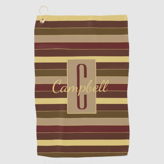MODERN ELEGANT MONOGRAM BROWN GOLD STRIPE PATTERN GOLFHANDDOEK (Voorkant)