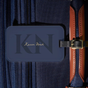 Modern Elegant Monogram Donkerblauw Goud Bagagelabel