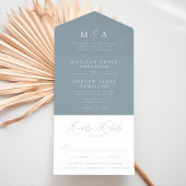 Modern Elegant Monogram Dusty Blue Wedding All In One Uitnodiging