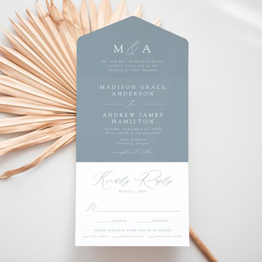 Modern Elegant Monogram Dusty Blue Wedding All In One Uitnodiging
