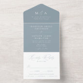 Modern Elegant Monogram Dusty Blue Wedding All In One Uitnodiging (Binnen)
