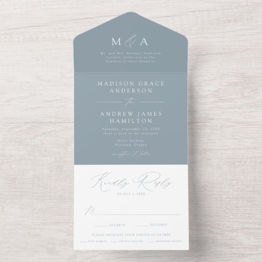 Modern Elegant Monogram Dusty Blue Wedding All In One Uitnodiging (Binnen)