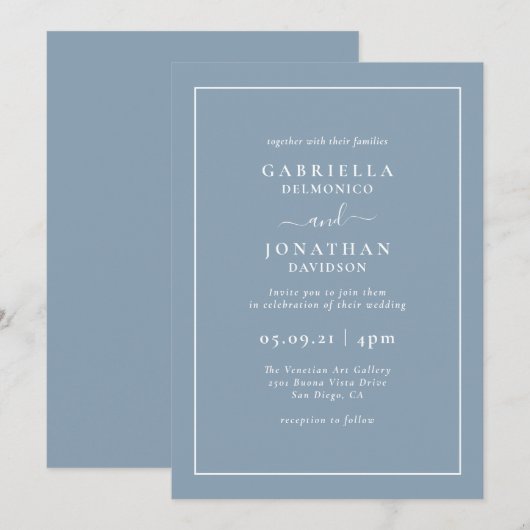 Modern Elegant Monogram Dusty Blue Wedding Kaart (Voorkant / Achterkant)