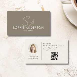 Modern Elegant Monogram Foto QR Taupe Visitekaartje