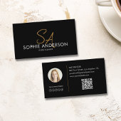 Modern Elegant Monogram Foto QR Zwart Goud Visitekaartje