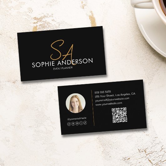Modern Elegant Monogram Foto QR Zwart Goud Visitekaartje