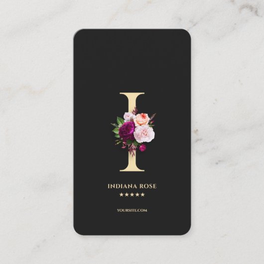 Modern Elegant Monogram I Bloemen Zwart Goud Visitekaartje (Voorkant)