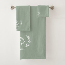 Modern Elegant Monogram Initiaal Sage Green White Bad Handdoek