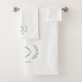 Modern Elegant Monogram Initiaal White Sage Green Bad Handdoek