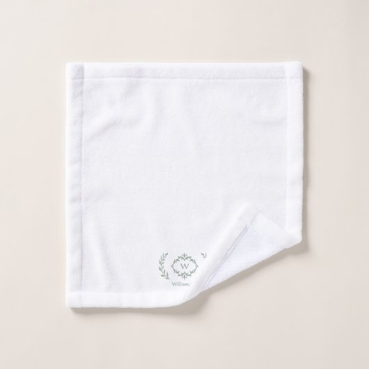 Modern Elegant Monogram Initiaal White Sage Green Bad Handdoek (Wasdoekje)