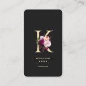 Modern Elegant Monogram K Bloemen Zwart Goud Visitekaartje (Voorkant)