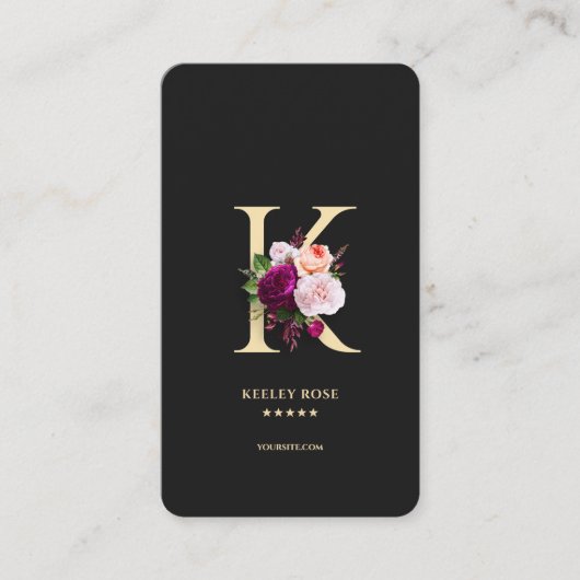 Modern Elegant Monogram K Bloemen Zwart Goud Visitekaartje (Voorkant)