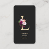 Modern Elegant Monogram L Bloemen Zwart Goud Visitekaartje (Voorkant)