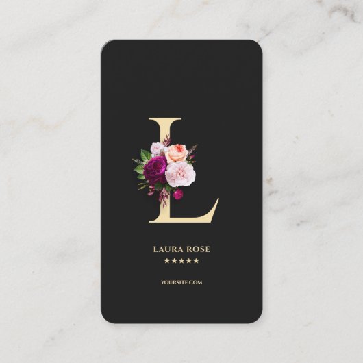 Modern Elegant Monogram L Bloemen Zwart Goud Visitekaartje (Voorkant)