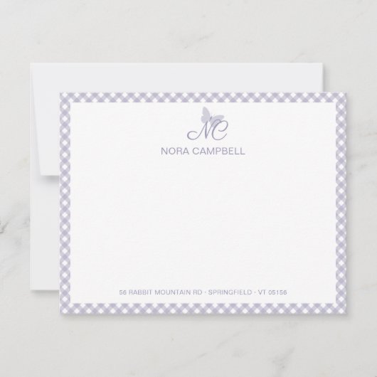 Modern Elegant Monogram Lavendel Gingham controles Notitiekaartje (Voorkant)