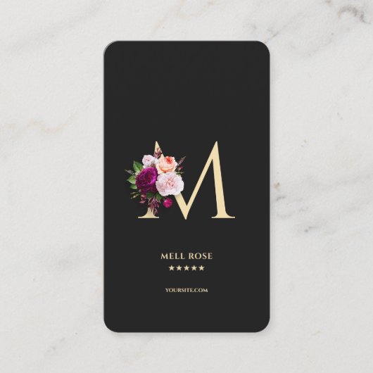 Modern Elegant Monogram M Bloemen Zwart Goud Visitekaartje (Voorkant)