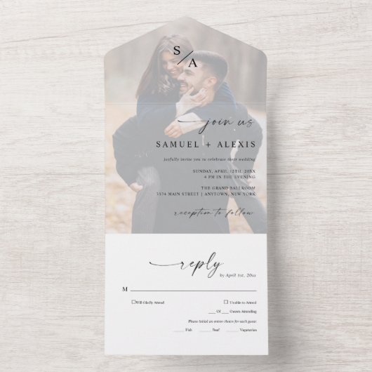 Modern Elegant Monogram Minimalist Photo Wedding All In One Uitnodiging (Binnen)