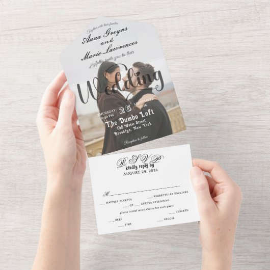 Modern Elegant Monogram Minimalist Photo Wedding  All In One Uitnodiging (Afscheurbaar)